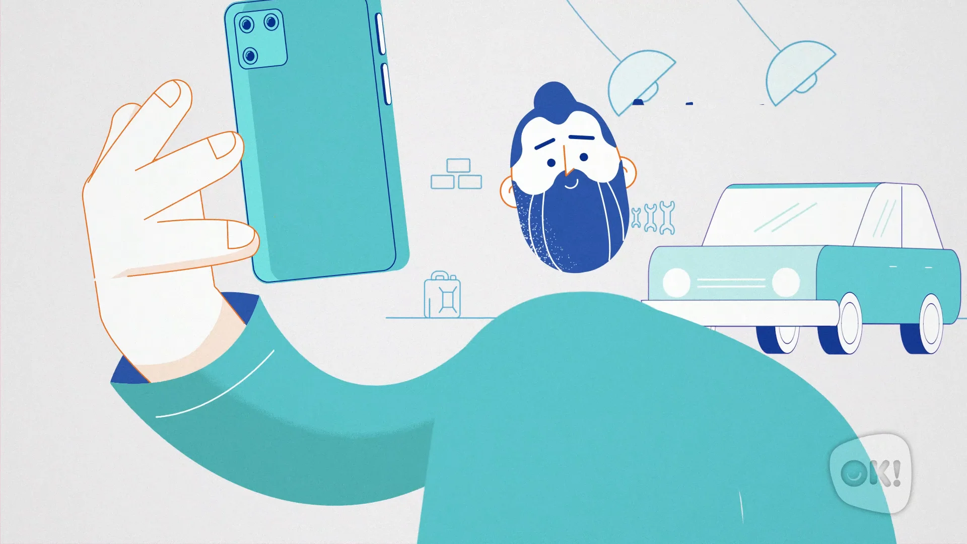 The delivered film shows an illustrated customer holding the phone beside the mint-green car.