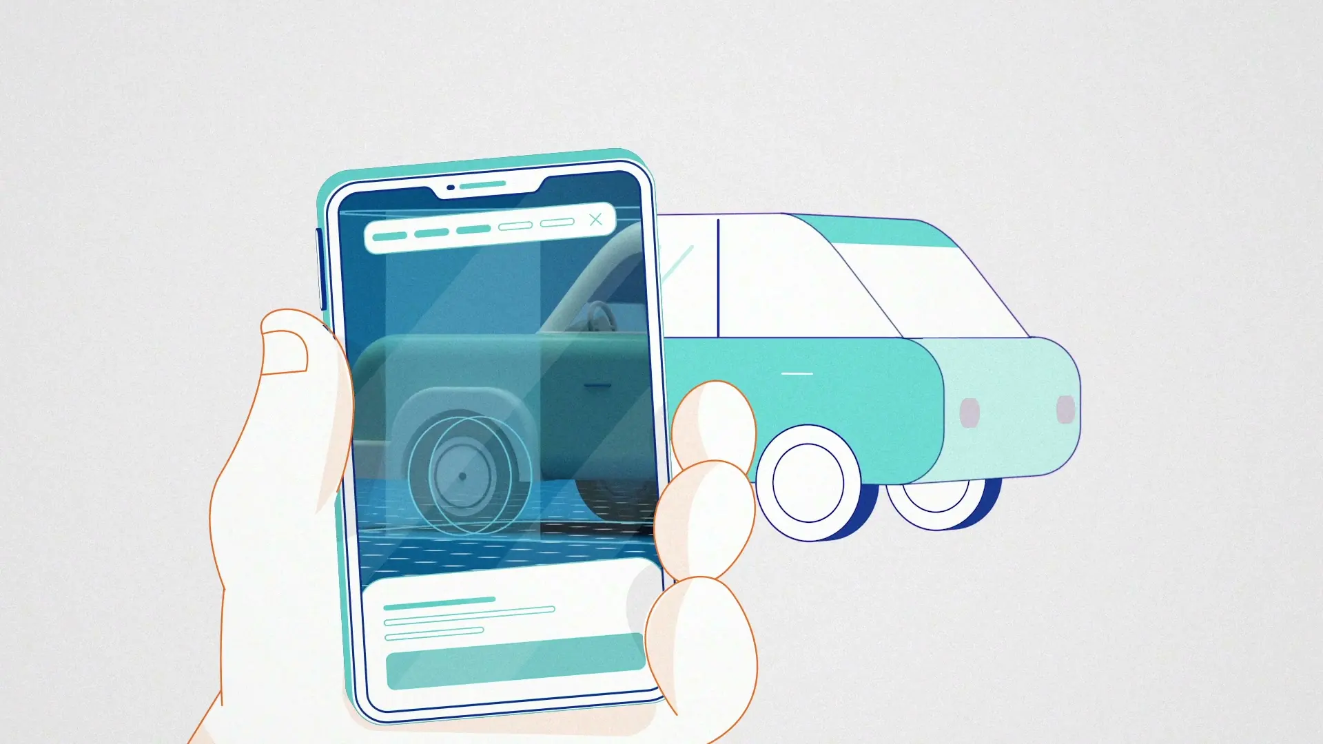 The finished scan scene aligns the phone camera, 3D vehicle and illustrated car in one frame.