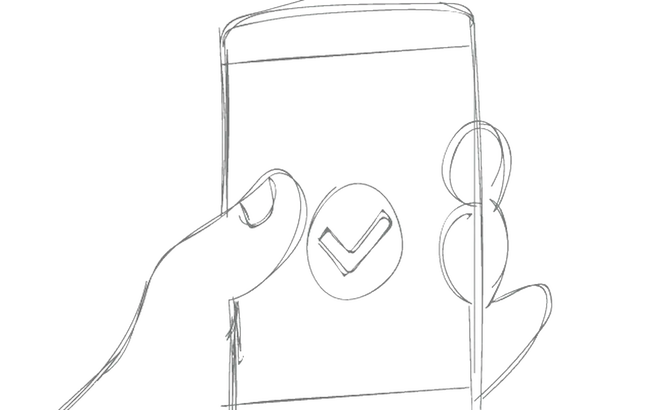 Original storyboard drawing of a hand entering the authentication code on a phone.