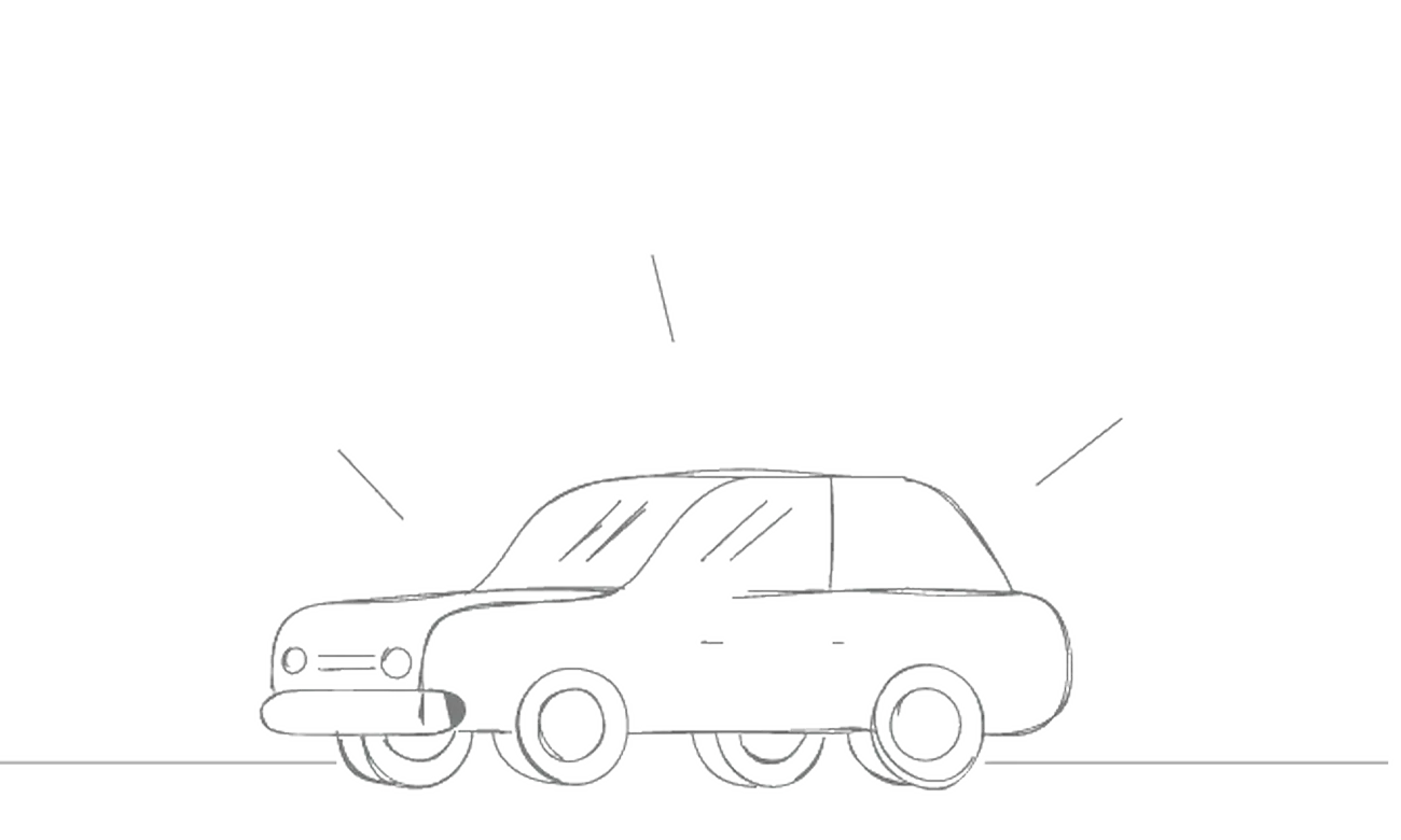 Original storyboard drawing of the car alone after the workshop disappears.