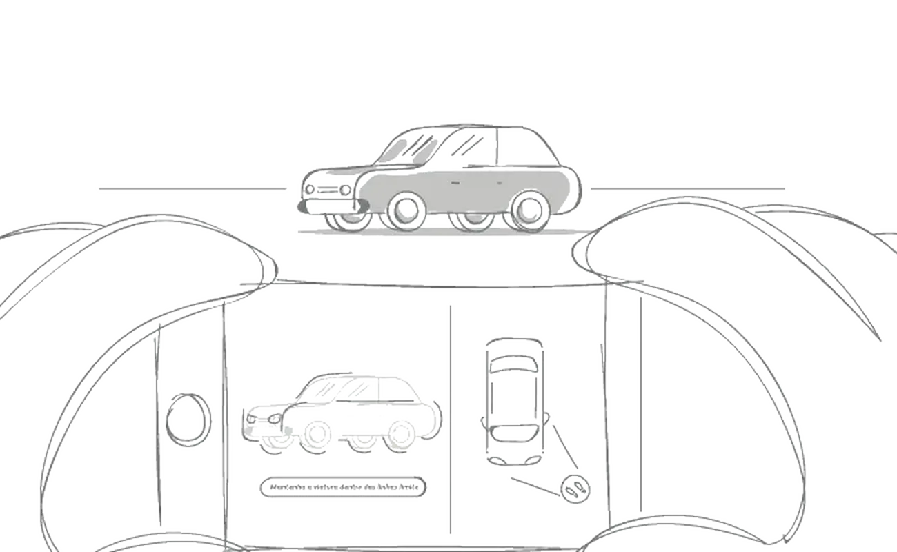 Original storyboard drawing of a phone guiding a scan around the car.