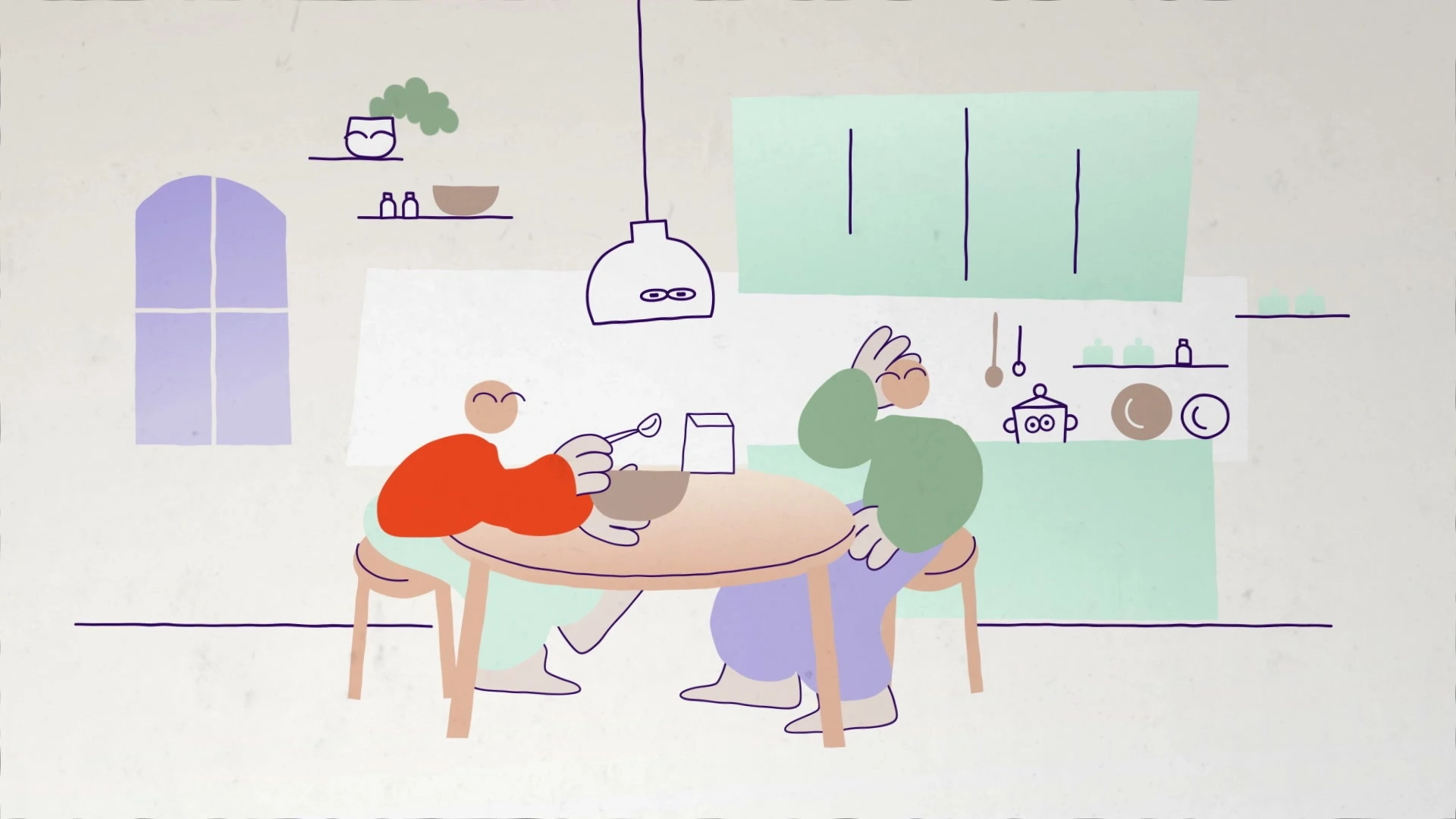 Due persone illustrate siedono a un tavolo da cucina sotto una lampada a sospensione, circondate da oggetti con volti.