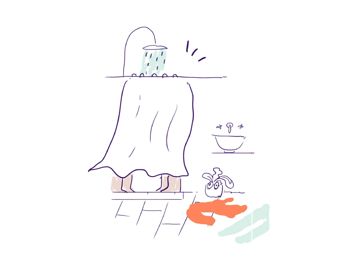 Due paia di piedi compaiono sotto una tenda da doccia in una scena comica dello storyboard.
