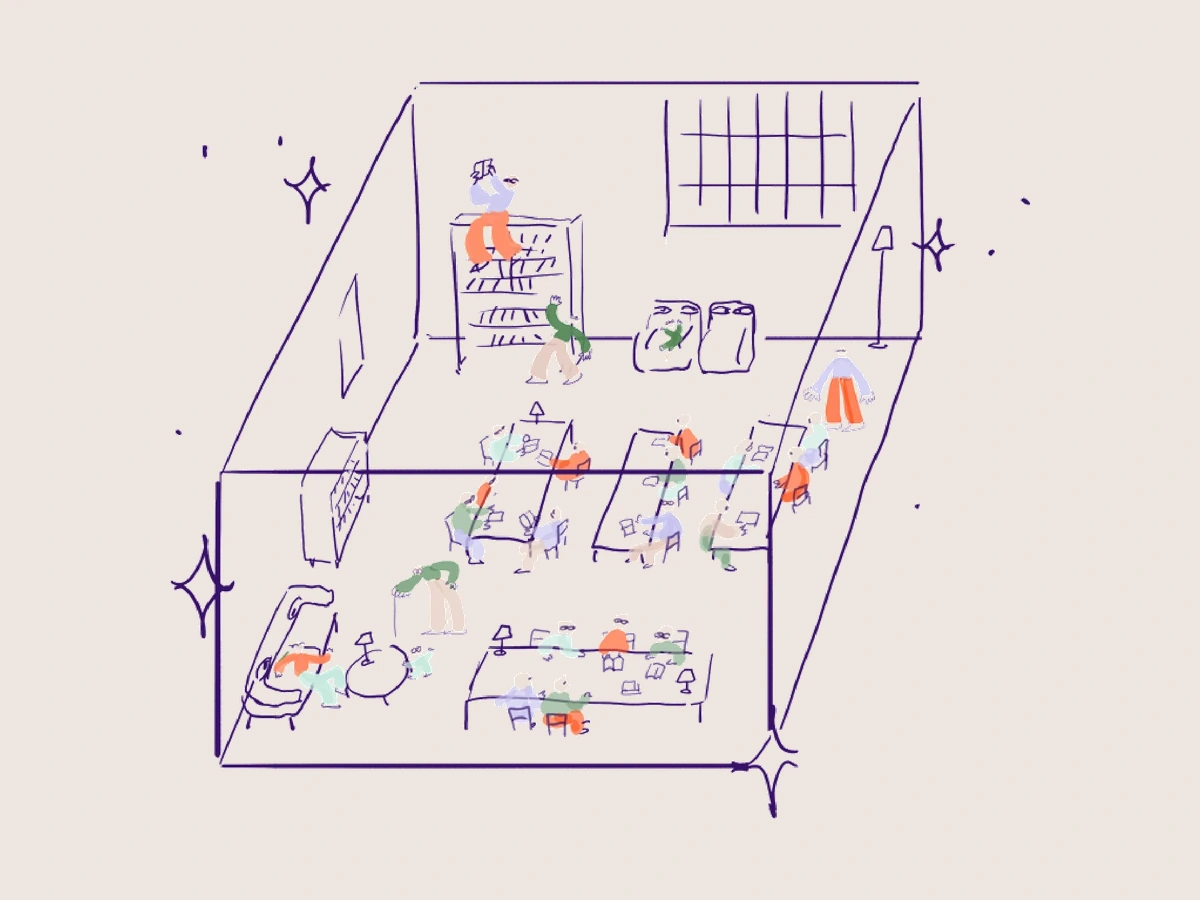 Lo storyboard v01 mostra una sala di lettura come un interno lungo e aperto, con persone e tavoli.