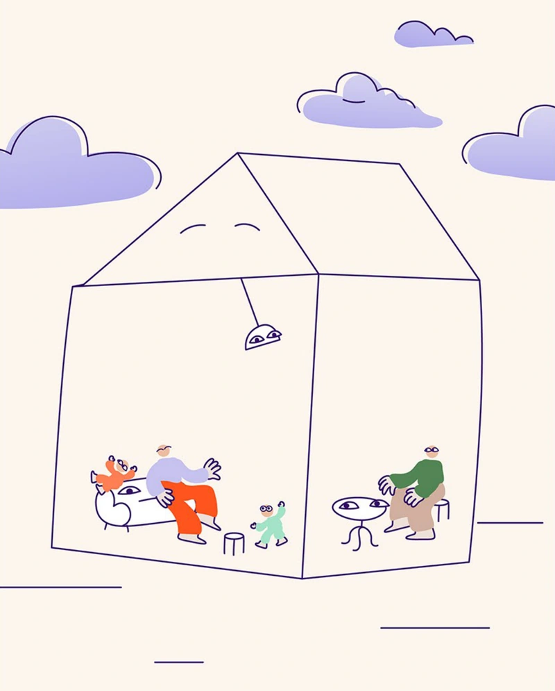 Una casa di famiglia illustrata sul fondo beige dello studio di stile originale.