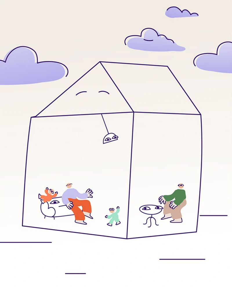 La casa nello studio di stile più colorato, con uno sfondo caldo e nuvole viola.