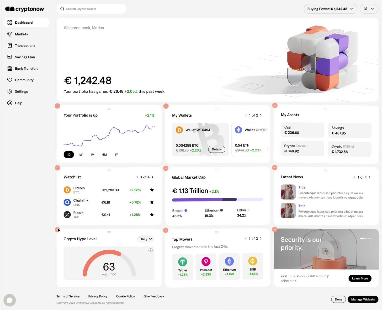 Dashboard CryptoNow con saldo, grafici e widget configurabili.
