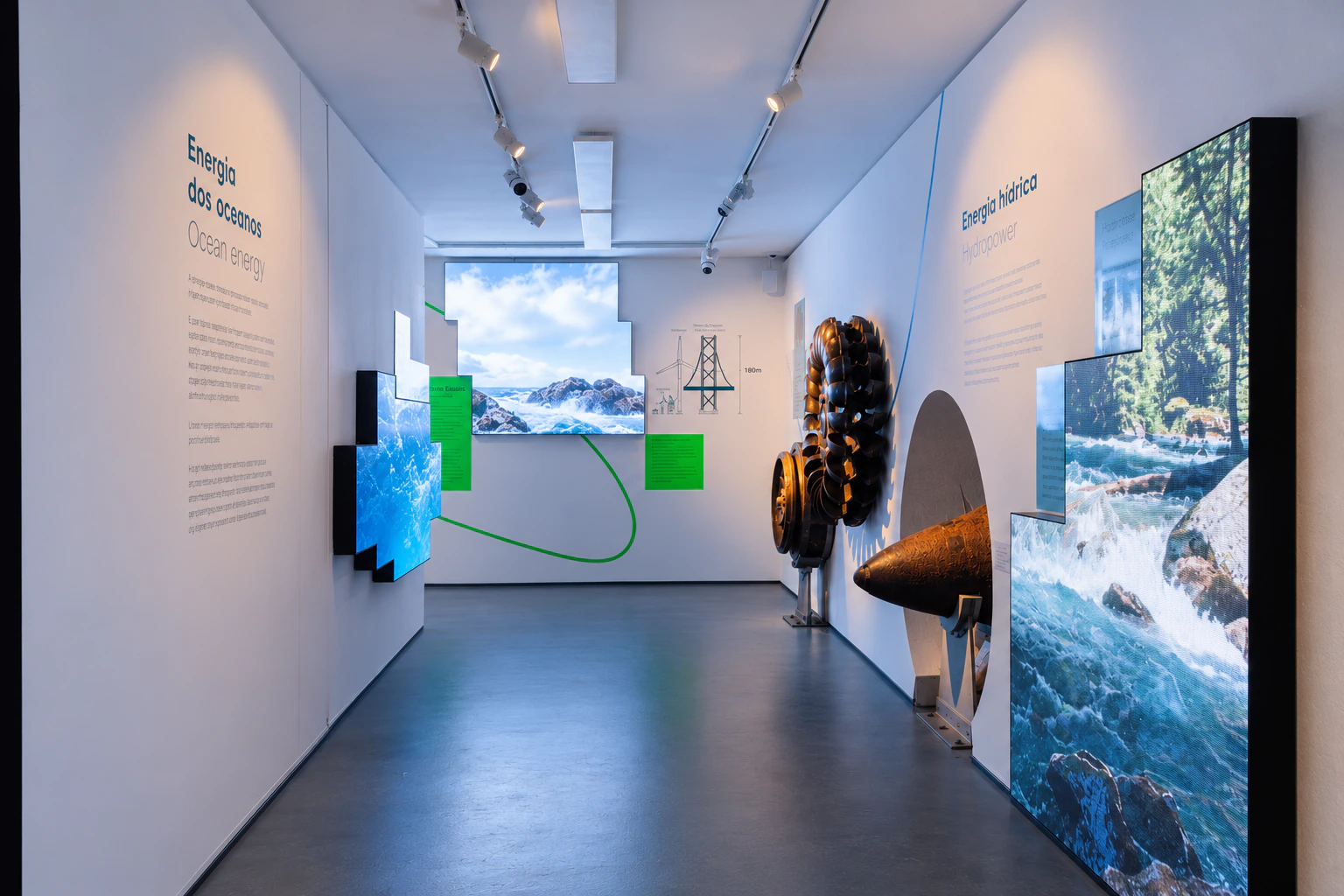 Ocean and hydropower exhibits at MAAT Central, with water footage across shaped screens beside a turbine.