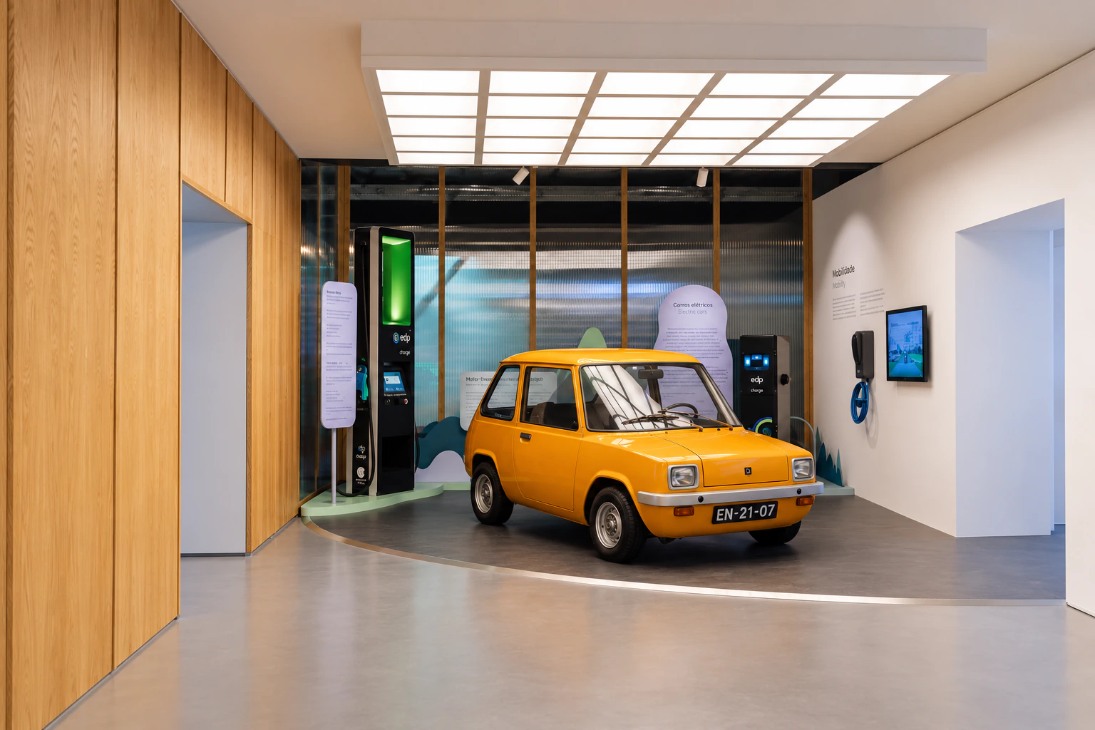 The mobility area at MAAT Central, with a yellow historic electric car, charging equipment and exhibition displays.