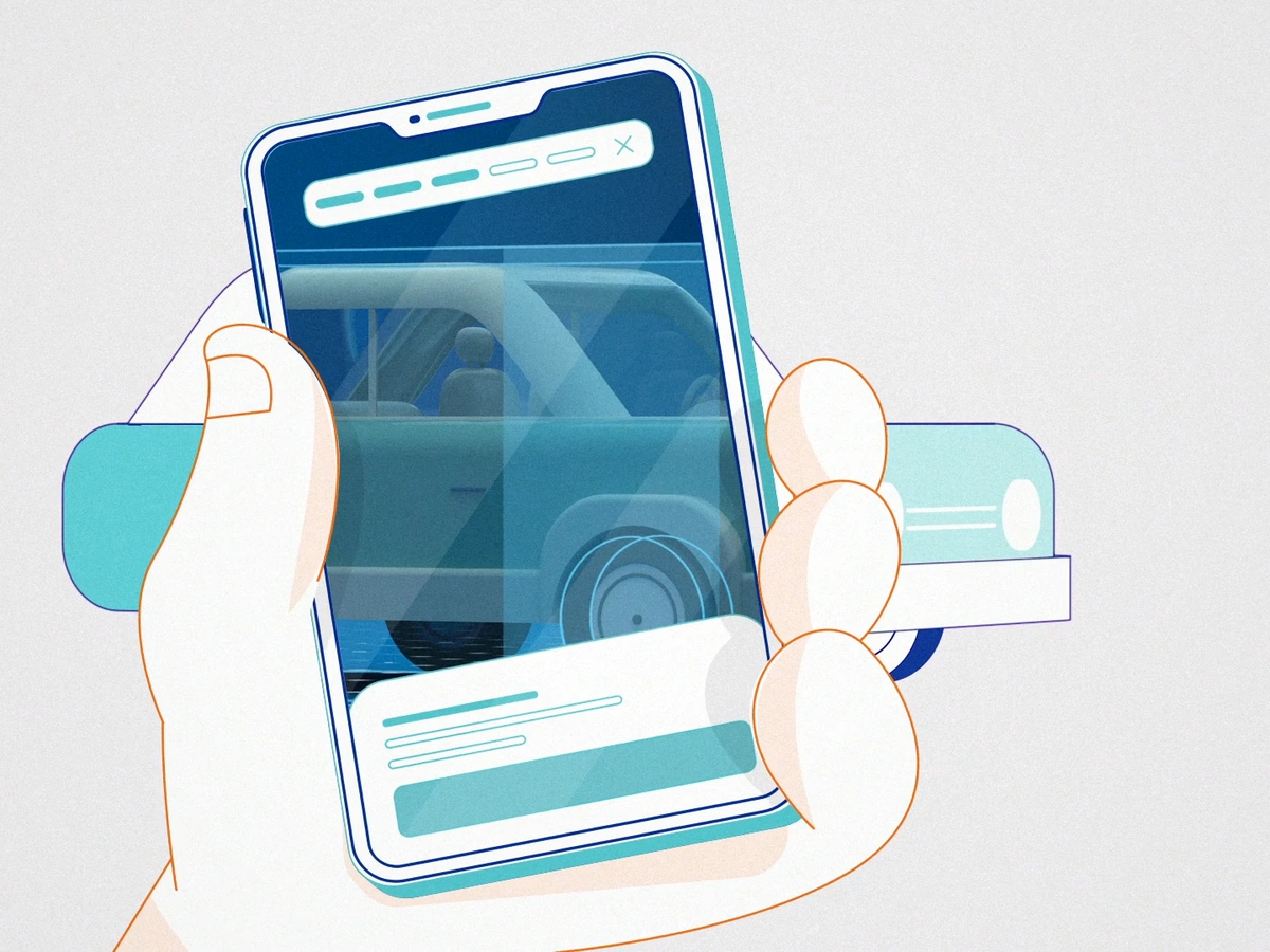 Mani illustrate reggono uno smartphone che mostra un’auto turchese nel film AutoDigital.