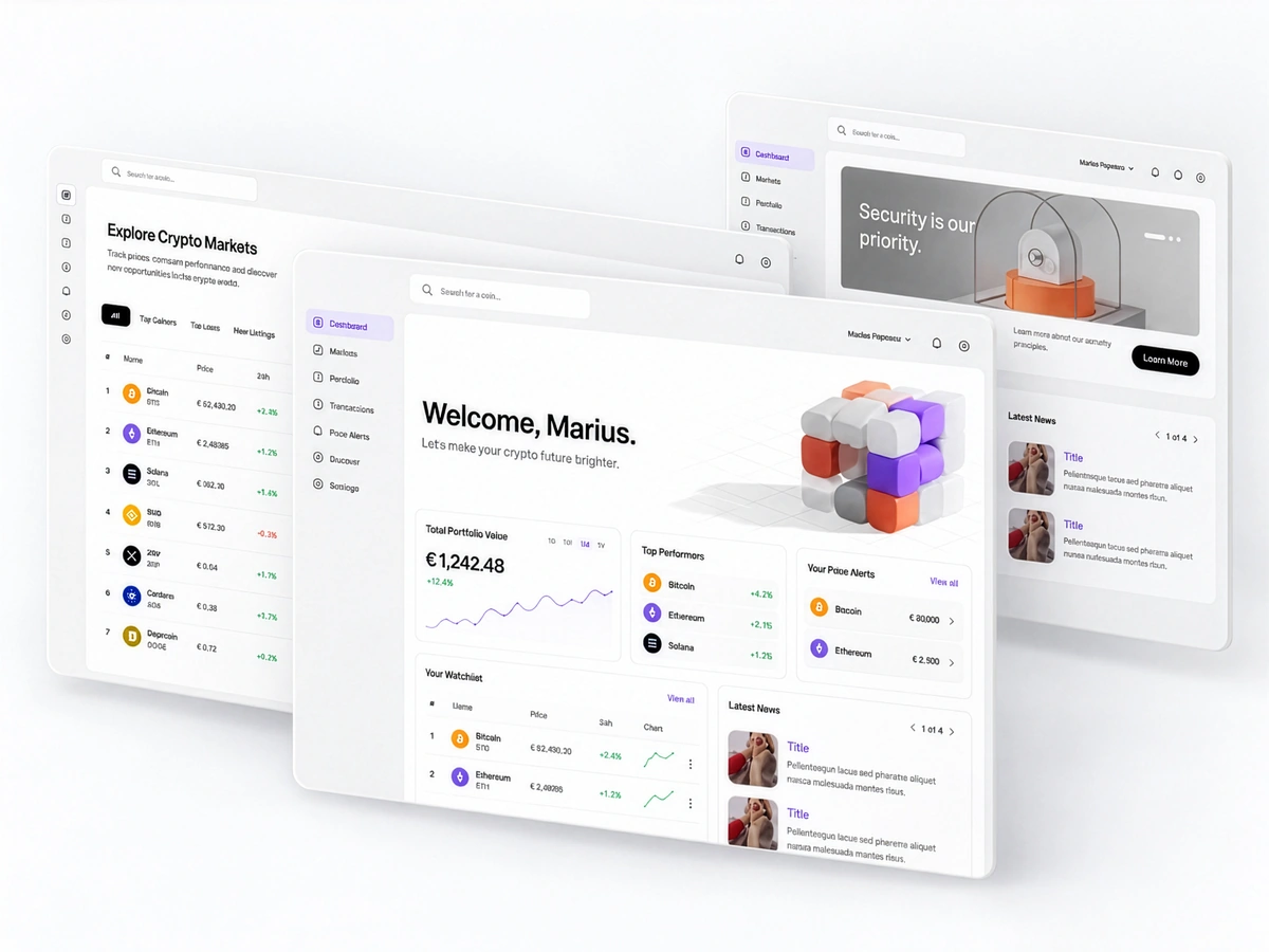 Schermate della dashboard CryptoNow ed elementi dell’interfaccia su sfondo chiaro.