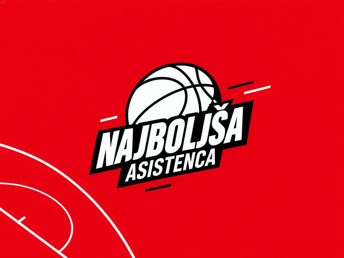 Pallone da basket bianco e scritta Najboljša asistenca su sfondo rosso.